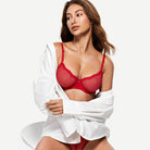 Sheer Lace Underwire Demi Bra with Plunge Neckline, Lava Red