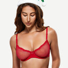 Sheer Lace Underwire Demi Bra with Plunge Neckline, Lava Red wingslove