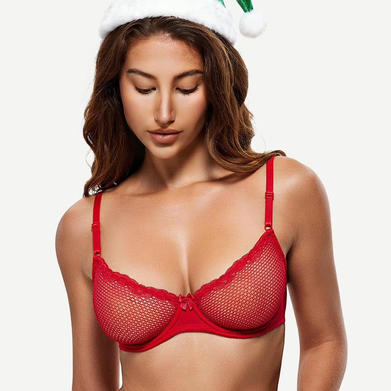 Sheer Lace Underwire Demi Bra with Plunge Neckline, Lava Red wingslove