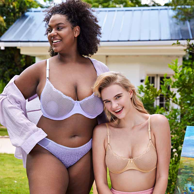 Sheer Lace Underwire Demi Bra with Plunge Neckline, Light Purple