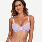 Sheer Lace Underwire Demi Bra with Plunge Neckline, Light Purple