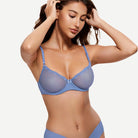 Sheer Lace Underwire Demi Bra with Plunge Neckline, Moonlight Blue