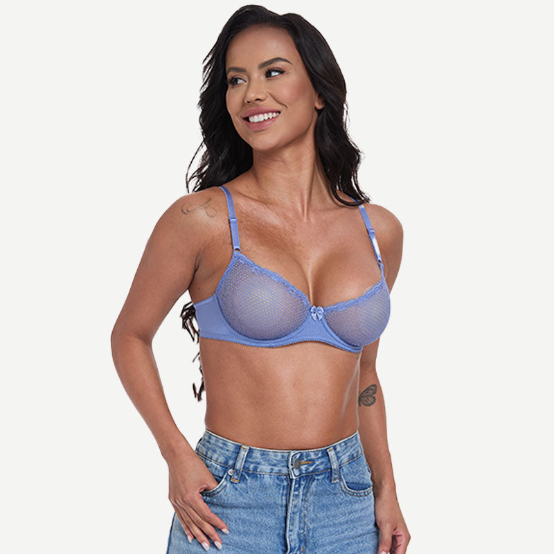 Sheer Lace Underwire Demi Bra with Plunge Neckline, Moonlight Blue