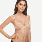 Sheer Lace Underwire Demi Bra with Plunge Neckline, Nude