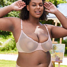 Sheer Lace Underwire Demi Bra with Plunge Neckline, Pink Nude