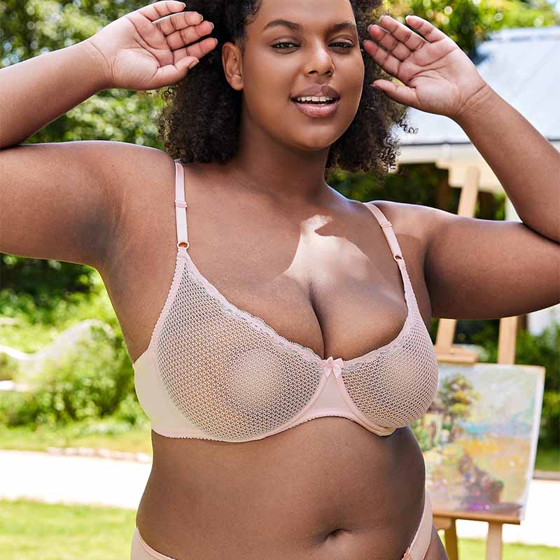 Sheer Lace Underwire Demi Bra with Plunge Neckline, Pink Nude