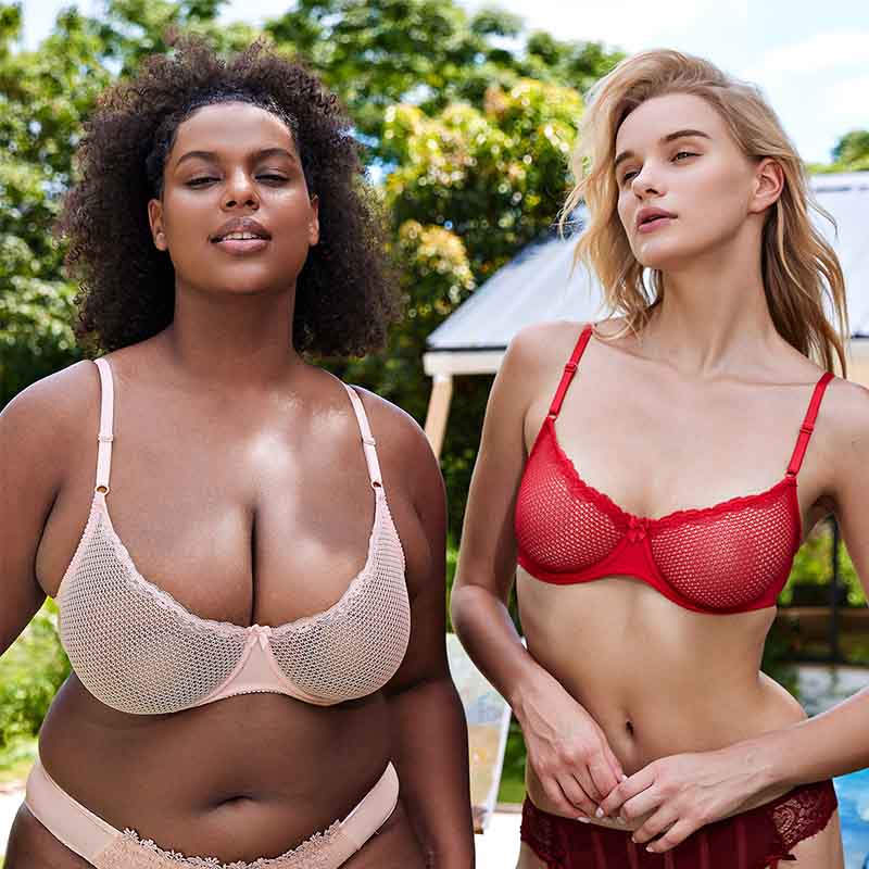 Sheer Lace Underwire Demi Bra with Plunge Neckline, Pink Nude