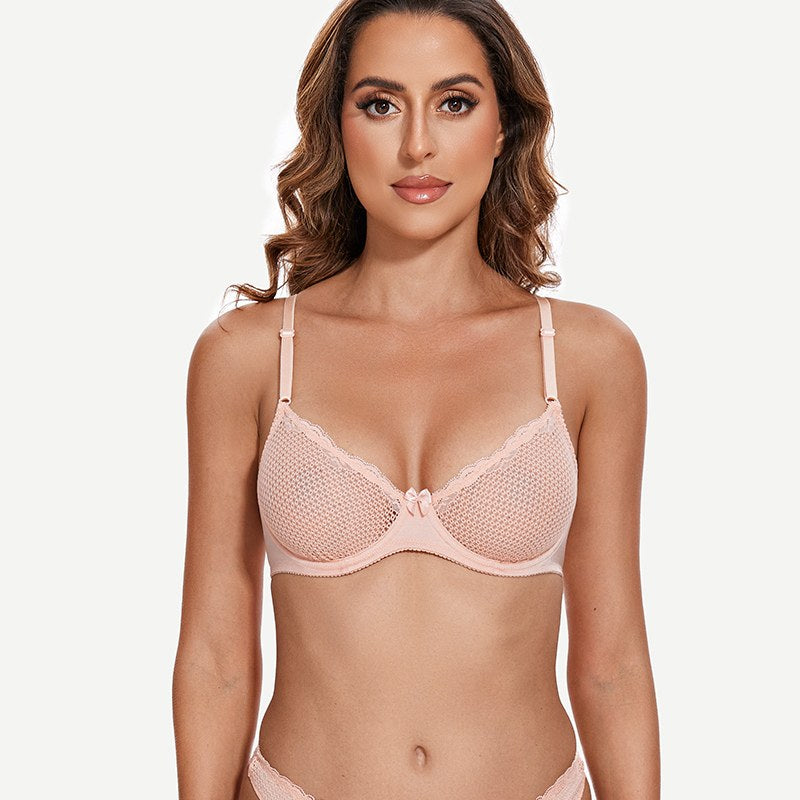 Sheer Lace Underwire Demi Bra with Plunge Neckline, Pink Nude