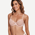 Sheer Lace Underwire Demi Bra with Plunge Neckline, Pink Nude
