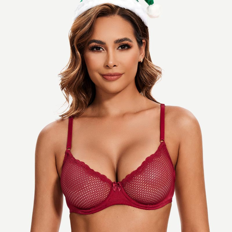 Sheer Lace Underwire Demi Bra with Plunge Neckline, Wine Red