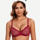Sheer Lace Underwire Demi Bra with Plunge Neckline, Wine Red