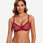 Sheer Lace Underwire Demi Bra with Plunge Neckline, Wine Red