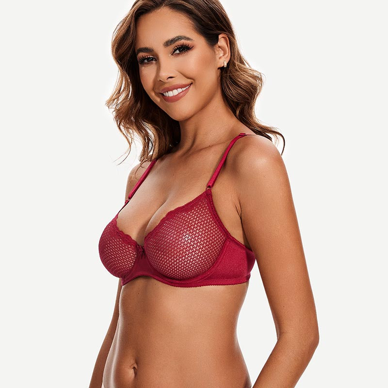 Sheer Lace Underwire Demi Bra with Plunge Neckline, Wine Red
