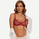 Sheer Lace Underwire Demi Bra with Plunge Neckline, Wine Red wingslove