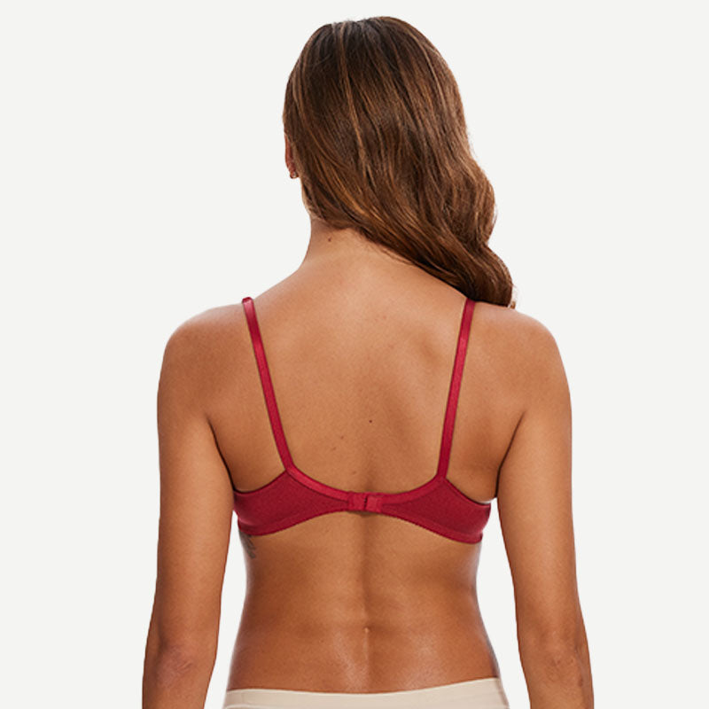 Sheer Lace Underwire Demi Bra with Plunge Neckline, Wine Red wingslove