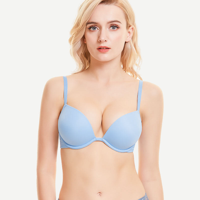 Wingslove Deep V Padded Push Up Bra with Underwire, Blue