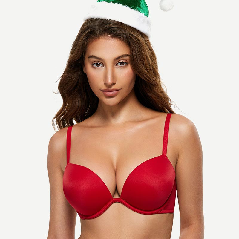 Wingslove Deep V Padded Push Up Bra with Underwire, Lava Red