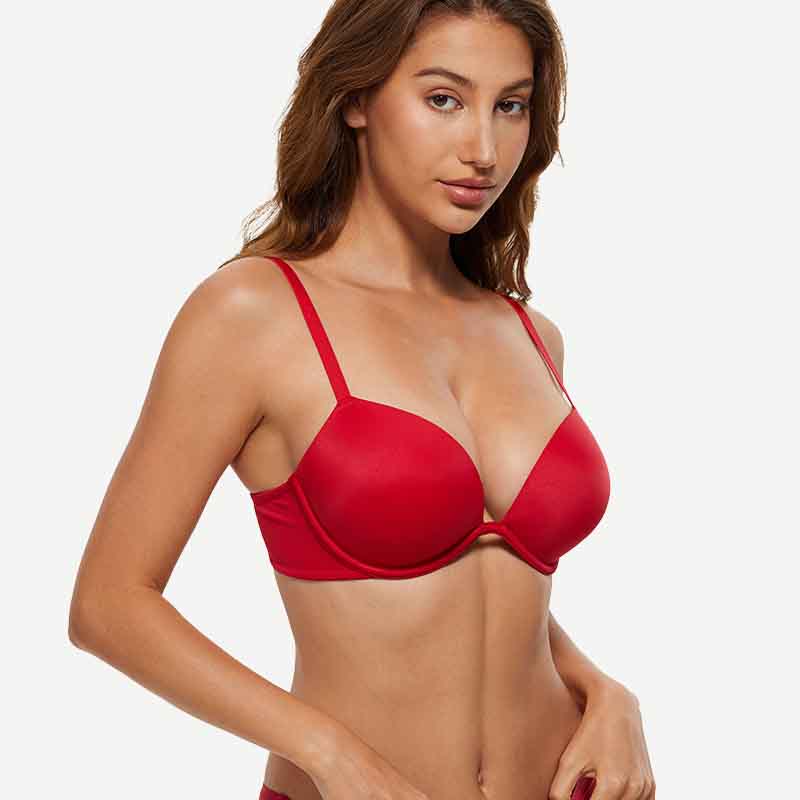 Wingslove Deep V Padded Push Up Bra with Underwire, Lava Red