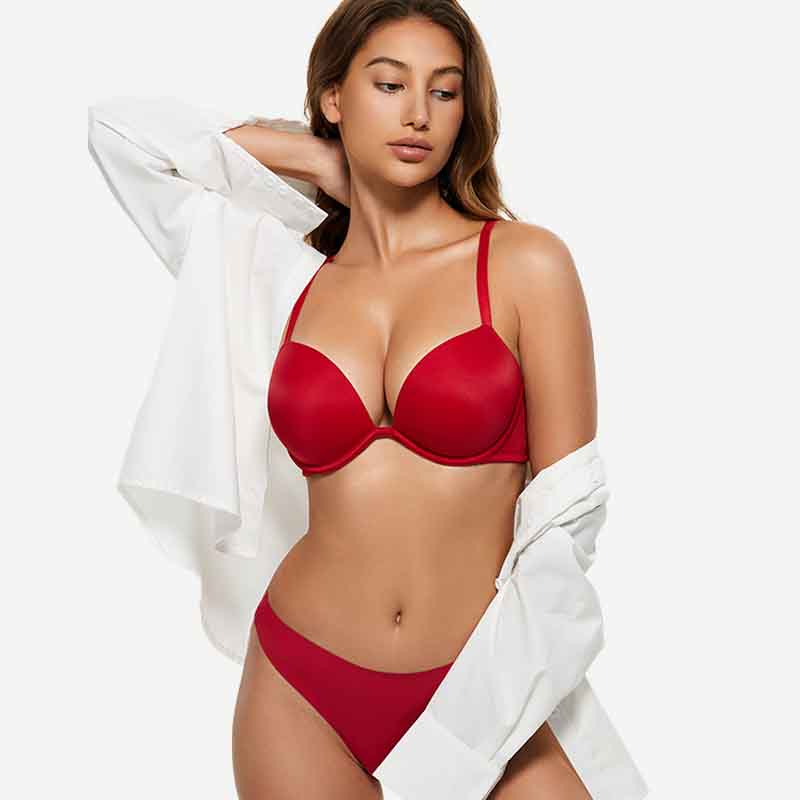 Wingslove Deep V Padded Push Up Bra with Underwire, Lava Red
