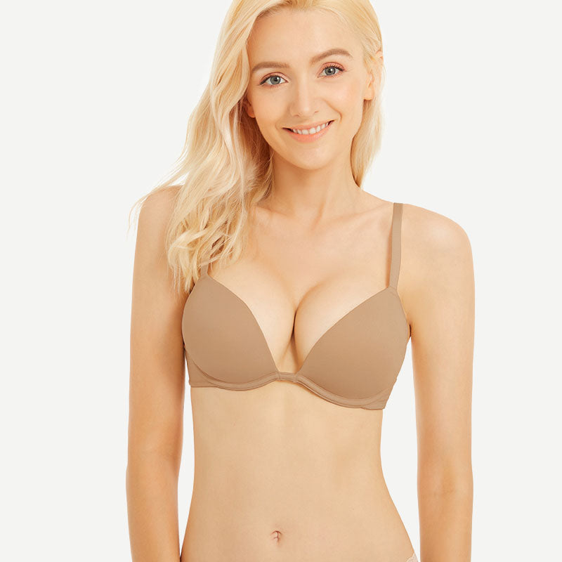 Wingslove Deep V Padded Push Up Bra with Underwire, Milk Coffee