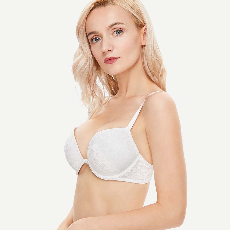 Wingslove Deep V Padded Push Up Bra with Underwire, White Leopard