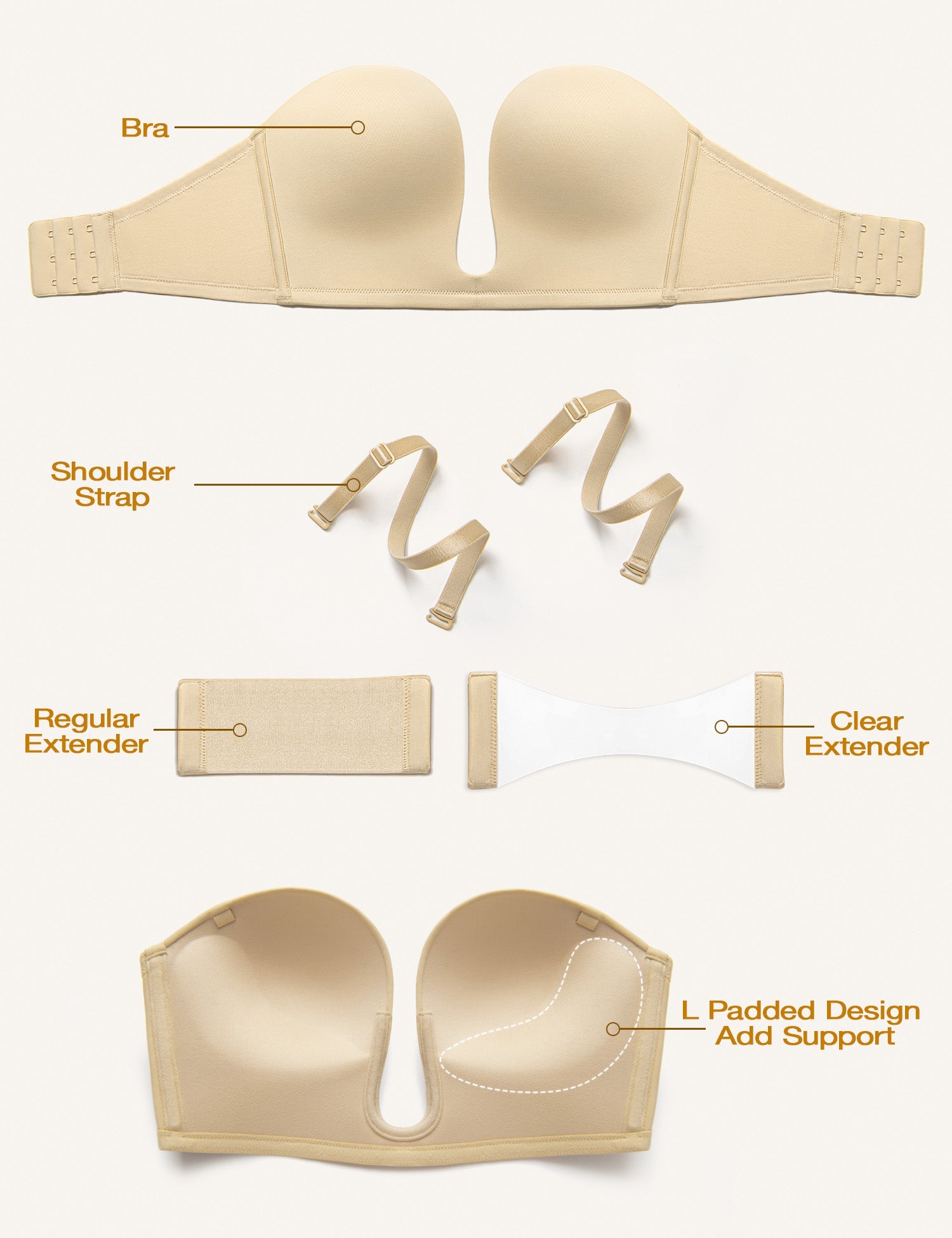 Deep V Wireless Push - Up Bra Nude - WingsLove