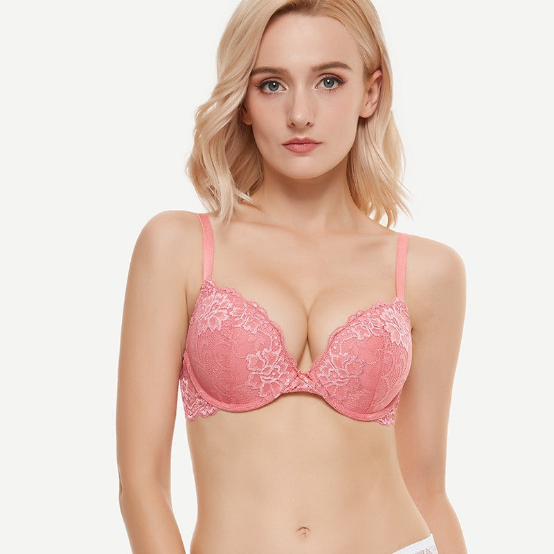 Floral Plunge Underwire Push Up Bra With Padded, Peach Red