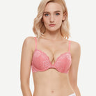 Floral Plunge Underwire Push Up Bra With Padded, Peach Red