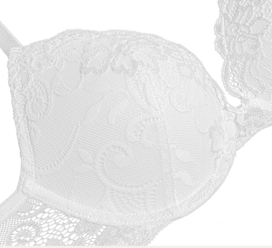 Lace Push Up Bra Lightly Padded Demi Plunge Bra White - WingsLove
