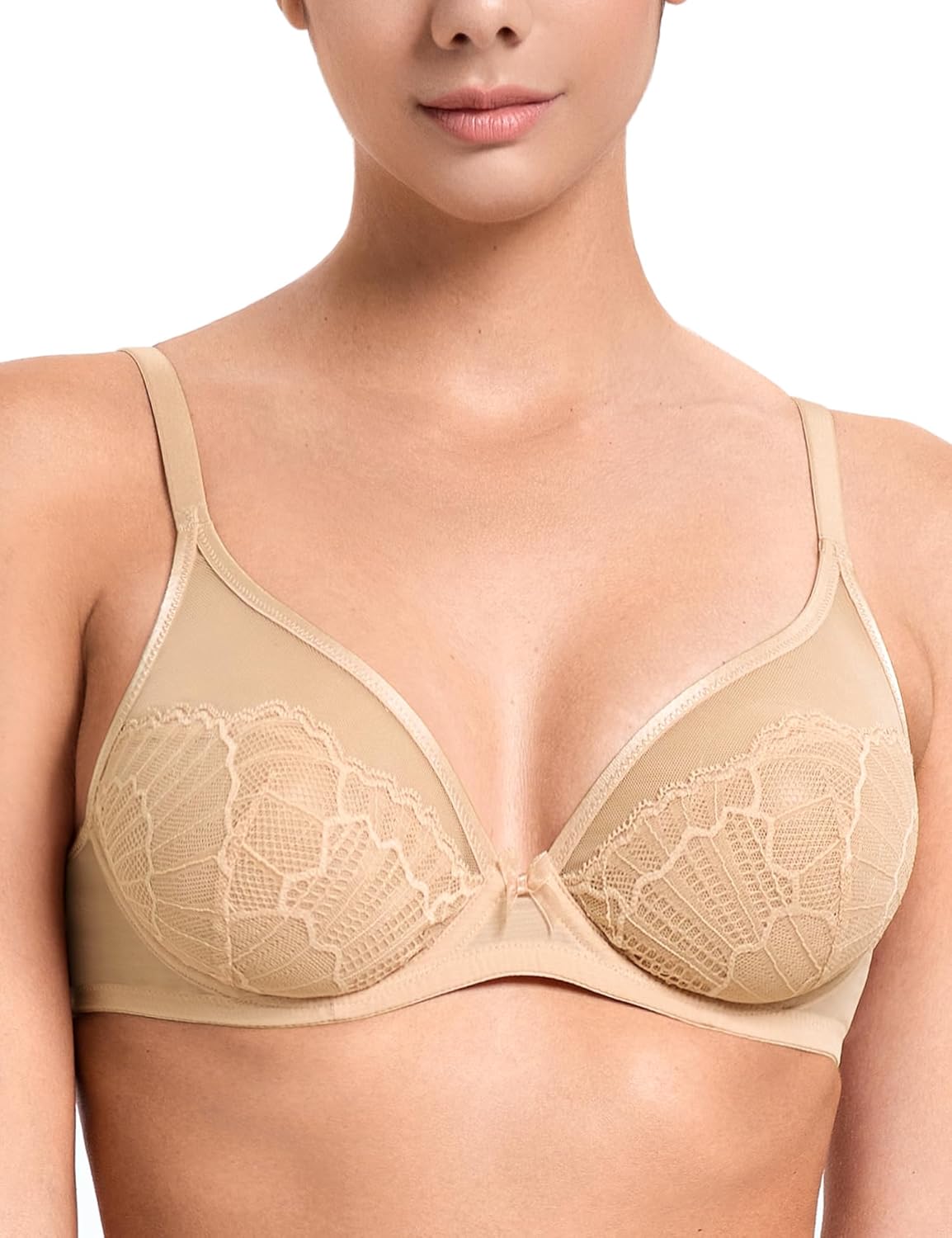 Sheer Lace Underwire Unlined Mesh & Adjustable Straps Bra Nude - WingsLove