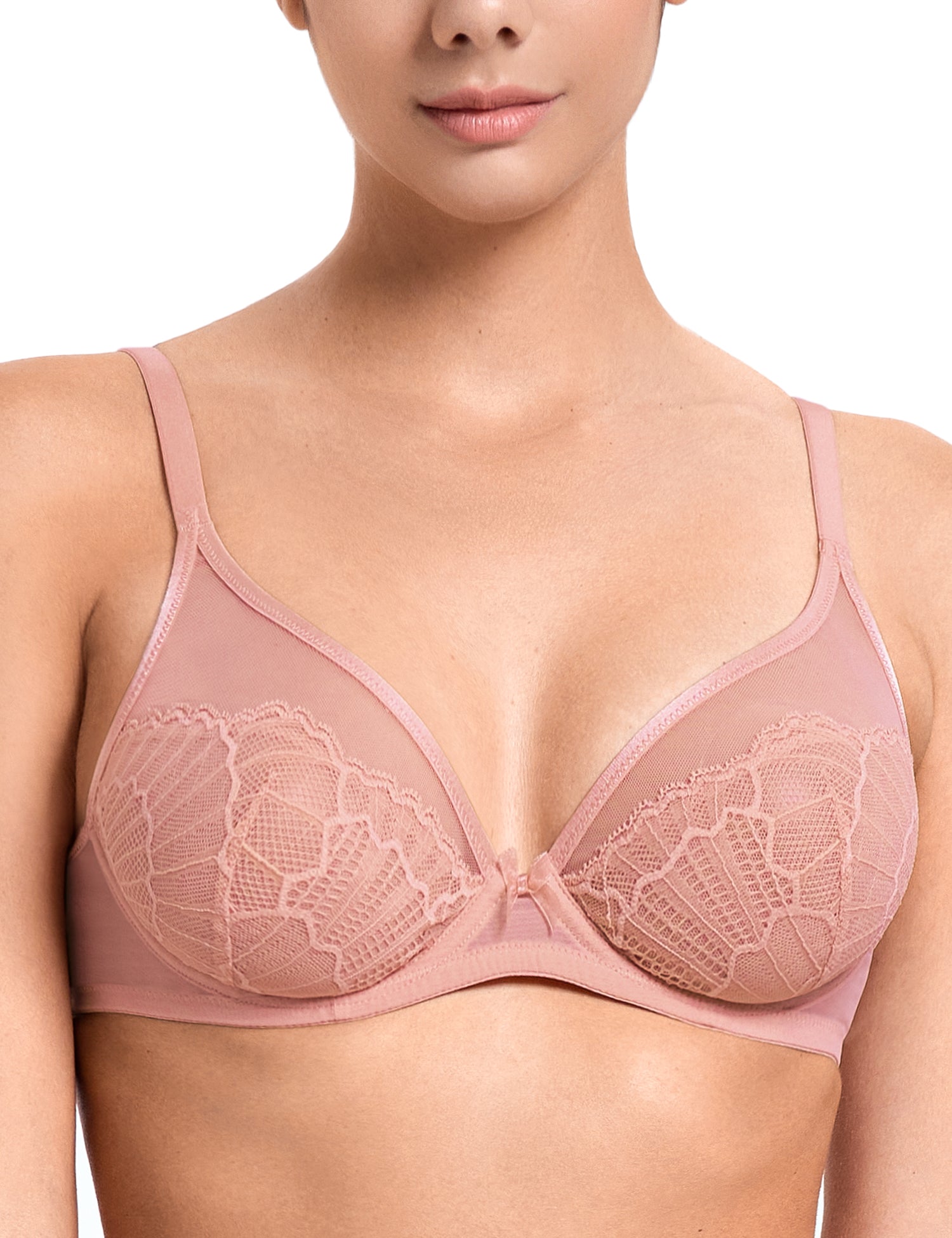 Sheer Lace Underwire Unlined Mesh & Adjustable Straps Bra Rose Pink - WingsLove