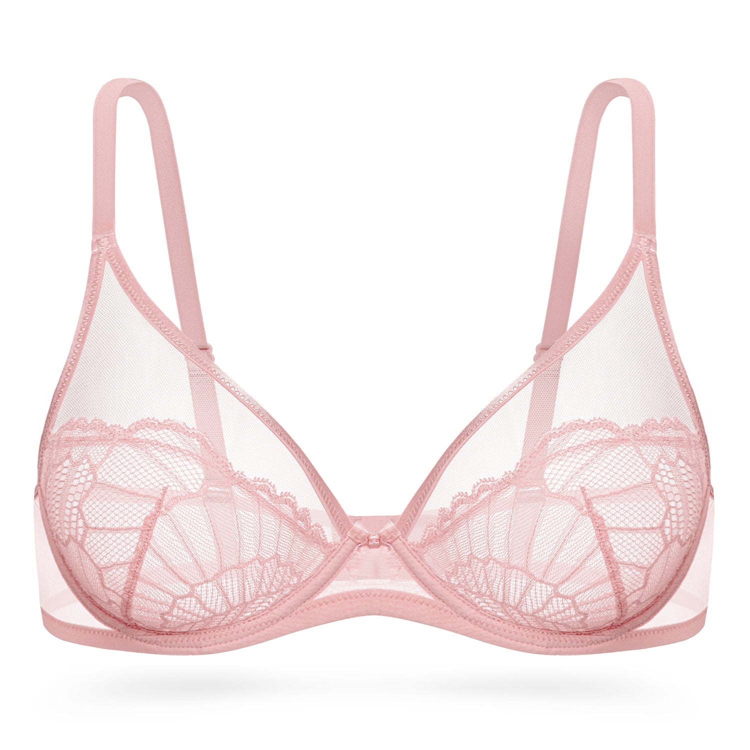 Sheer Lace Underwire Unlined Mesh & Adjustable Straps Bra Rose Pink - WingsLove