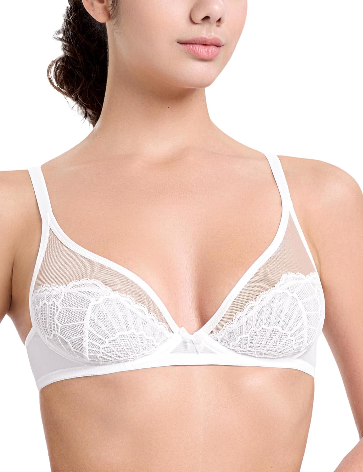 Sheer Lace Underwire Unlined Mesh & Adjustable Straps White - WingsLove