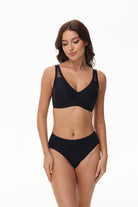 Front deep V view of Wingslove seamless black wireless bra with removable pads and all-day shaping comfort
