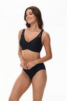 Profile view of Wingslove wireless black bra showing side support and jelly gel push-up feature