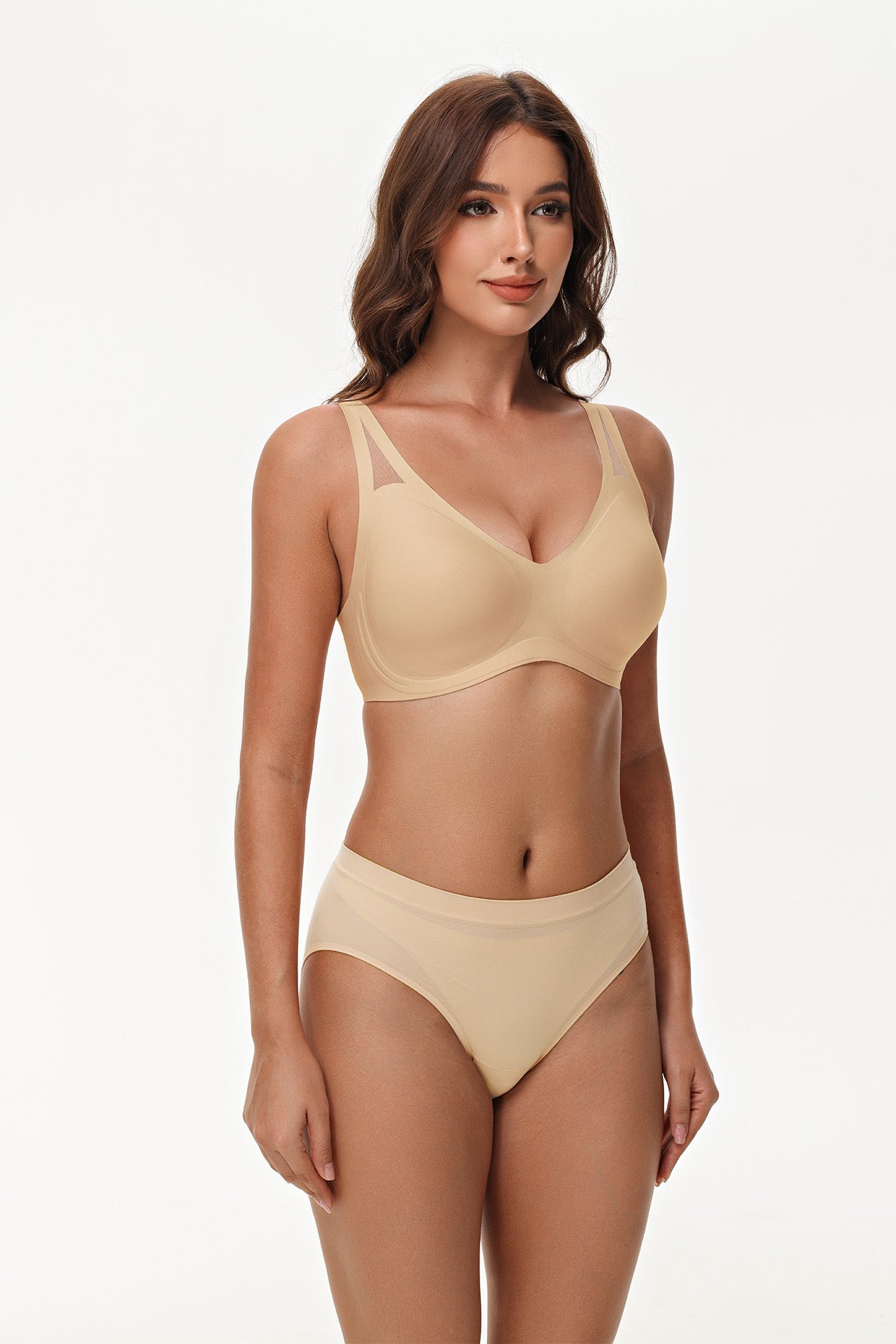 Deep plunge front view of Wingslove seamless dark nude push-up bra with pad insert and sculpted fit