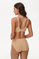 Rear view of Wingslove seamless dark nude bra with U-back design and smooth wireless fit