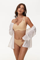 Model in Wingslove dark nude V neck bra under daily wear, suitable for lounge, yoga, or sleep