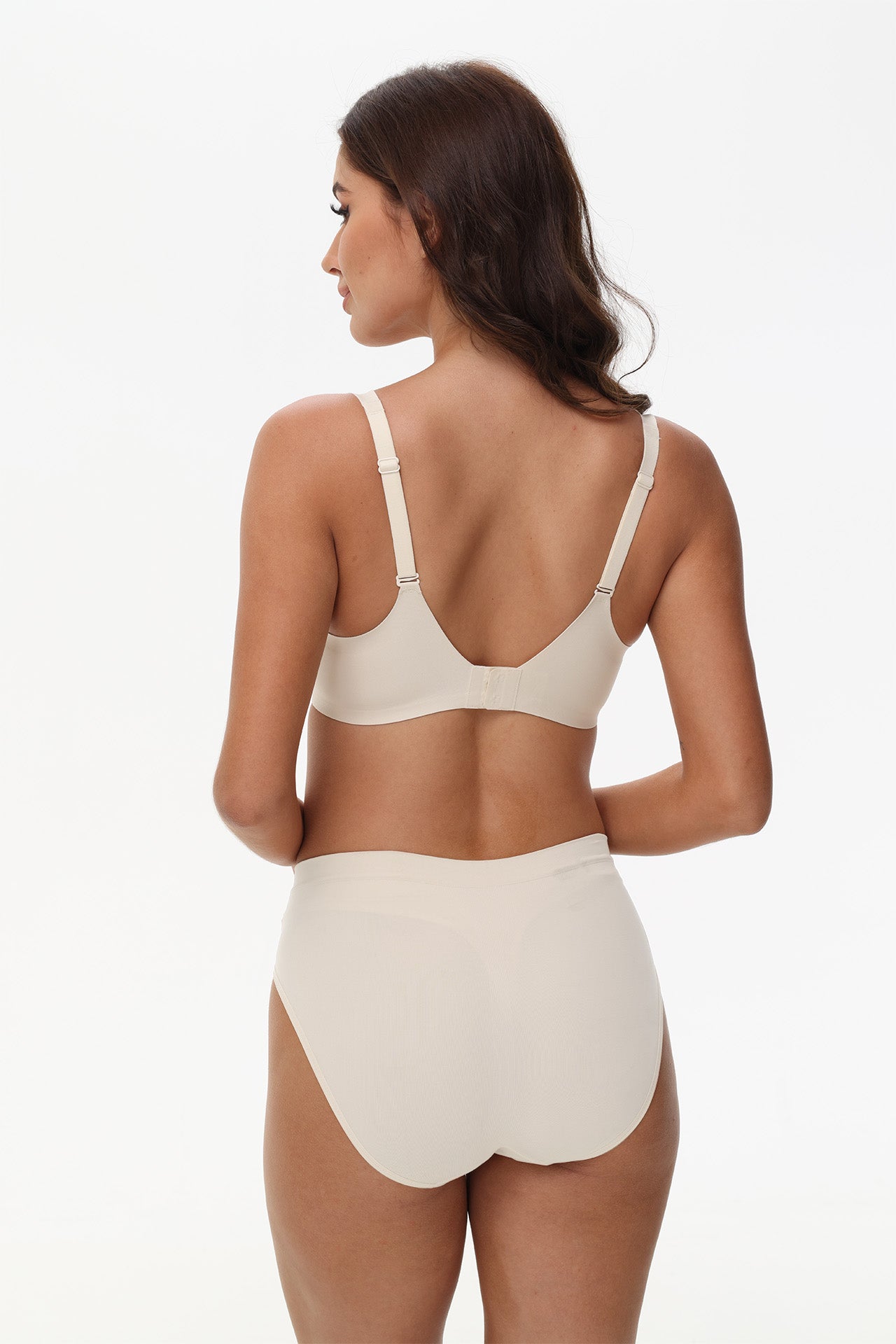 Back view of Wingslove seamless nude bra showing wide straps and comfortable wireless fit