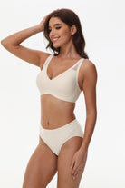 Side view of Wingslove nude wireless T-shirt bra with jelly gel lift and breathable support