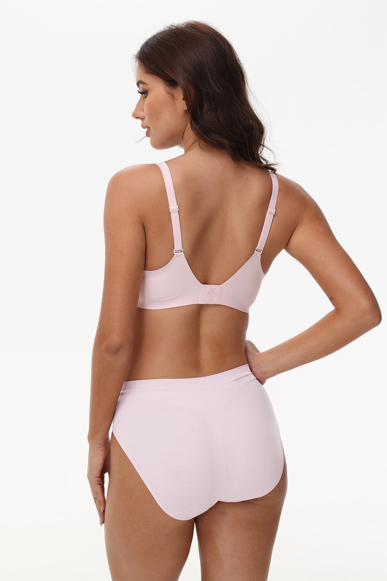 Rear view of Wingslove seamless pink T-shirt bra with breathable, no-wire design and wide coverage