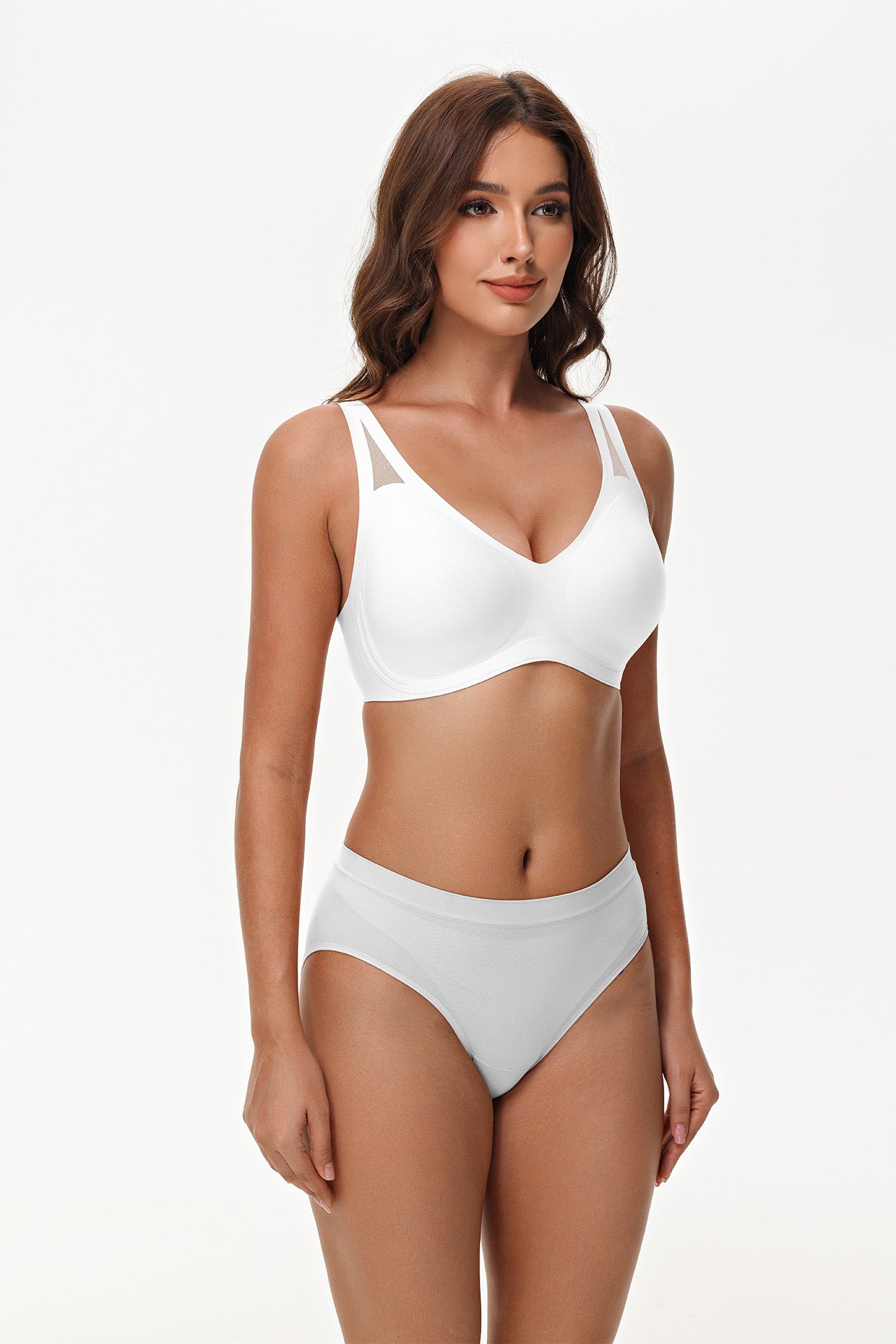 Deep V neckline on Wingslove seamless white bra with removable pads and wireless shaping technology