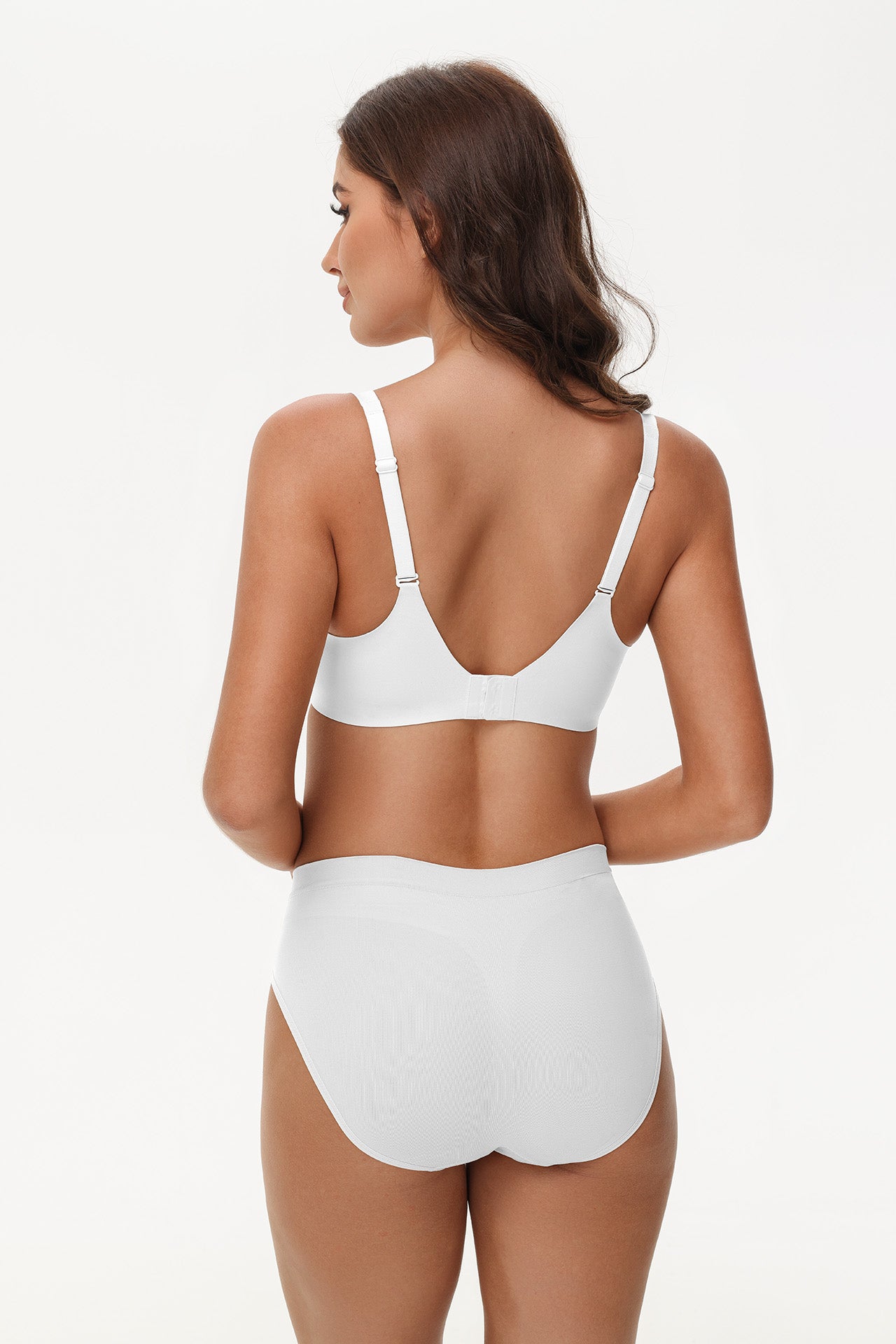 Wingslove seamless white bra shown from back, featuring breathable fabric and sculpted U-shaped support