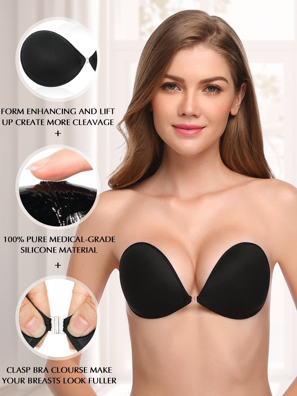 Adhesive Push-up Reusable Self Silicone Bra Black - WingsLove