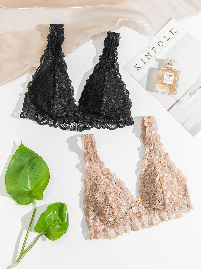 Deep V Plunge Wirefree Lace Bralette With Removable Pads - WingsLove