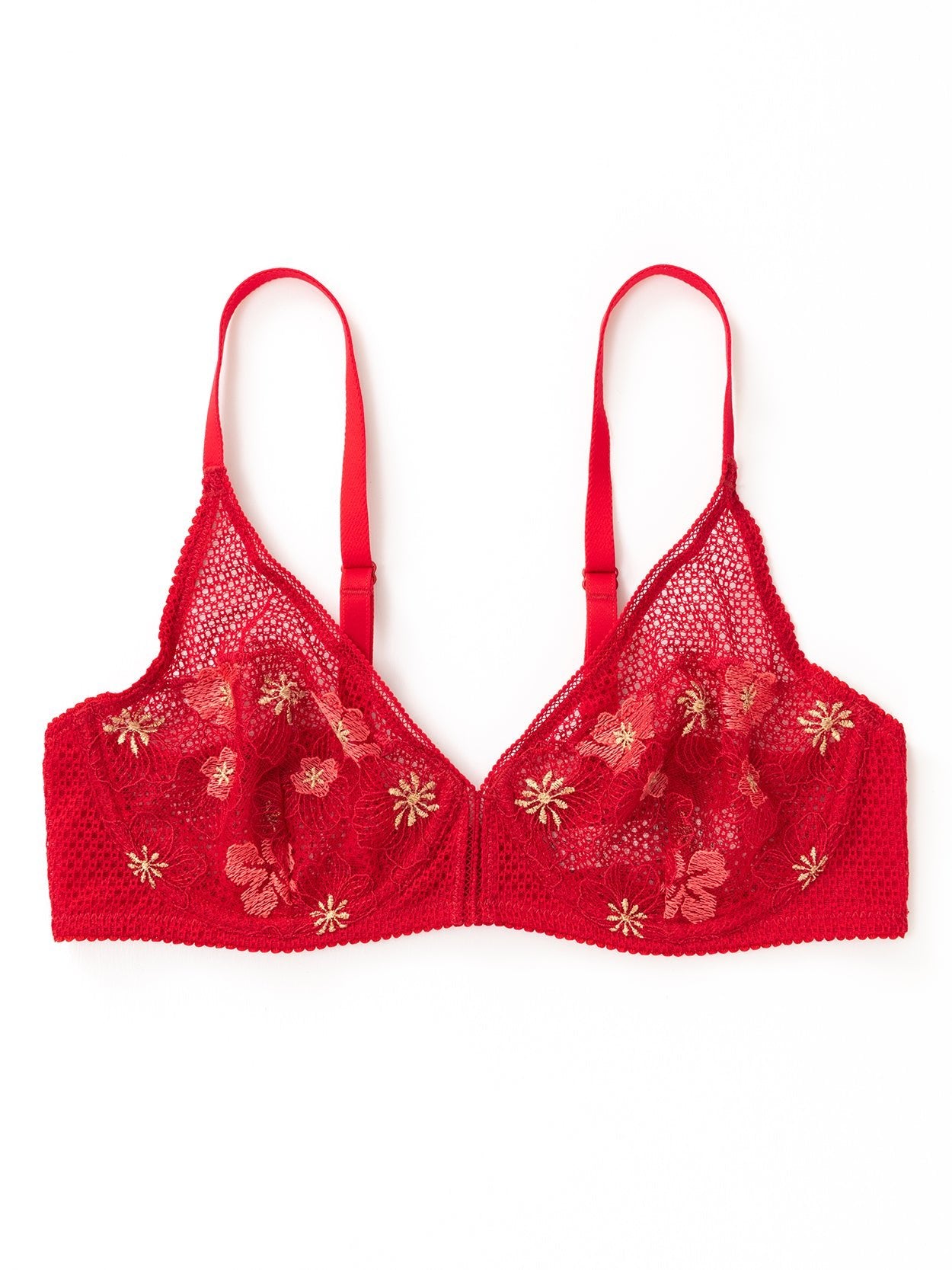 Unlined Embroidered Bra - Red flower embroidered