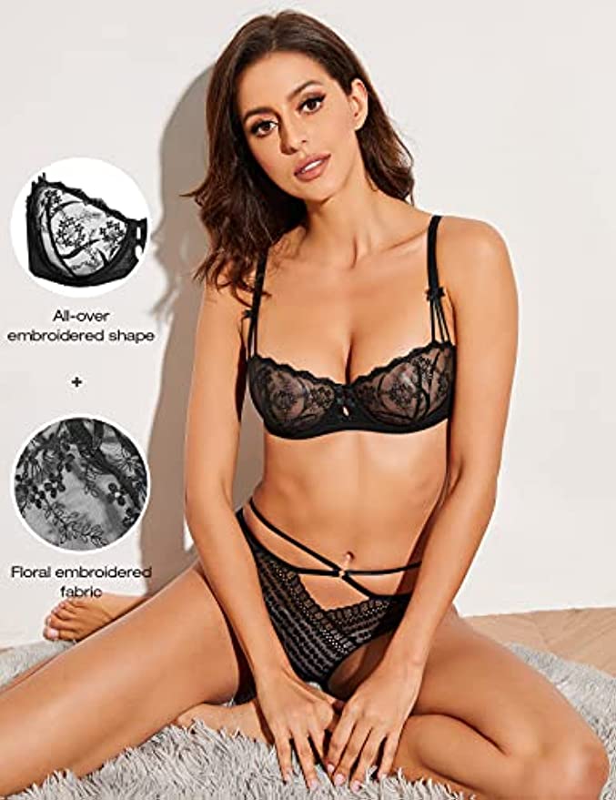 Embroidered Lace Unlined Bra Demi Sheer See Through Underwire Bras - WingsLove
