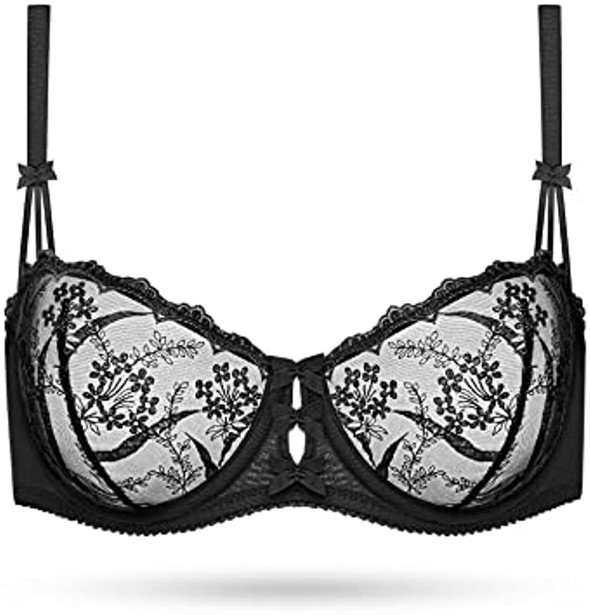 Embroidered Lace Unlined Bra Demi Sheer See Through Underwire Bras - WingsLove