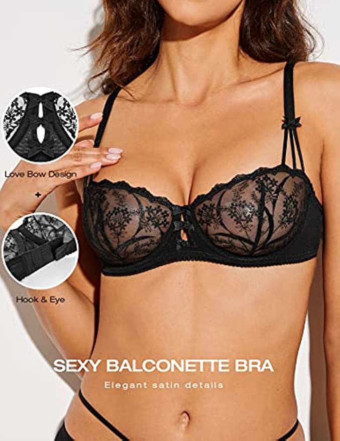 Embroidered Lace Unlined Bra Demi Sheer See Through Underwire Bras - WingsLove