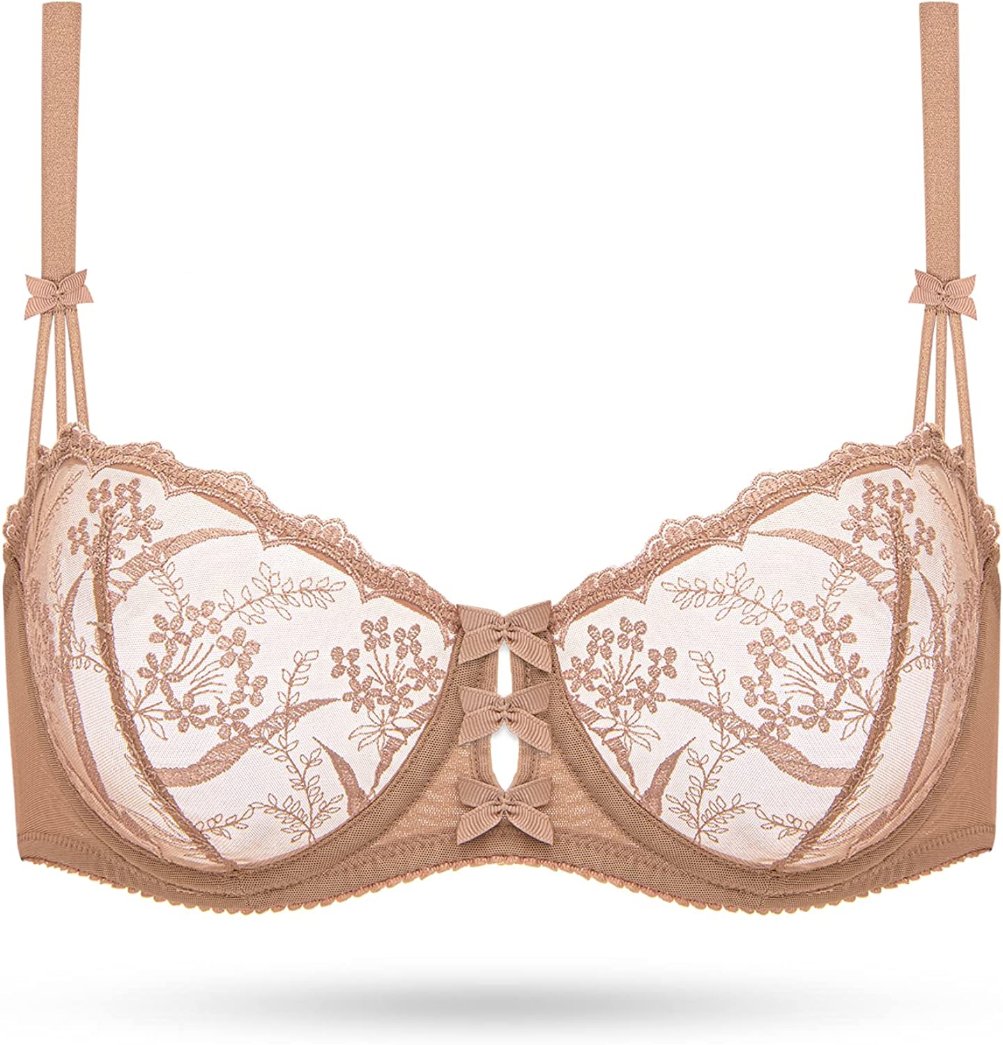 Embroidered Lace Unlined Bra Demi Sheer See Through Underwire Bras